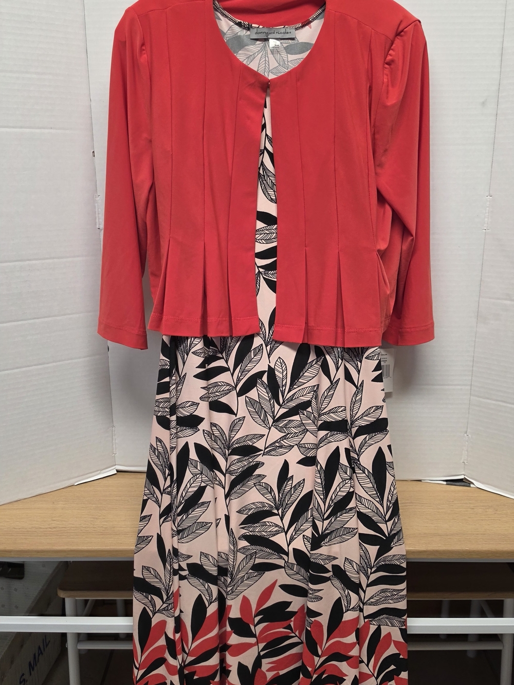 Danny & Nicole Coral Jacket with Pink & Black Leaf-Print Maxi Dress